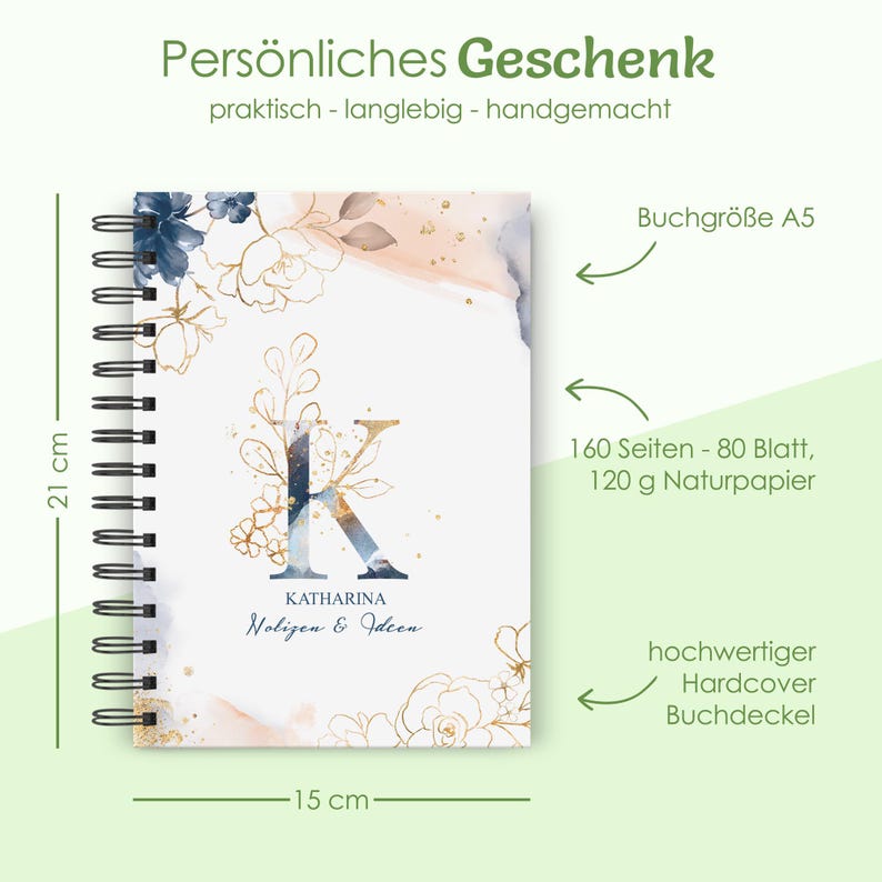 Personalisiertes Notizbuch mit Monogramm, A5 Notizbuch mit Spiralbindung
florales Design