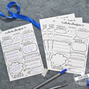 May include: Two blank printable cards with a black and white design for a wedding or bridal shower. The cards have prompts for guests to write messages to the couple. The text on the cards reads "An das Brautpaar" which translates to "To the Bridal Couple".