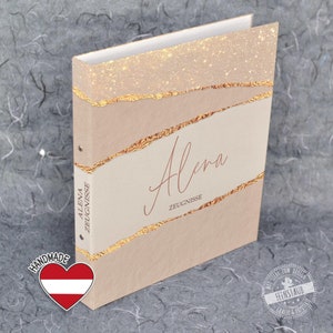 Personalisierte Zeugnismappe mit Namen und Wunschtext, Dokumentenmappe für Zeugnisse, A4 Ringmappe aus Pappe, Design Goldener Strand