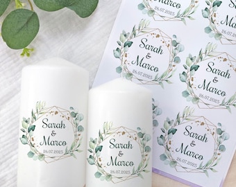 Personalisierte Kerzentattoos Hochzeit | bedruckte Kerzenfolie für Stumpenkerzen | Eukalyptus | DIY Gastgeschenke | Tischdeko selber machen