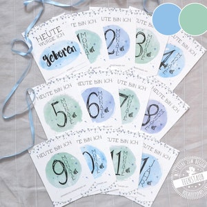 Carte cardine per bambini 1° anno, 13 cartoline 12 mesi, cartoline mensili per bebè 1-12, cartoline fotografiche carte cardine in tedesco, blu/verde