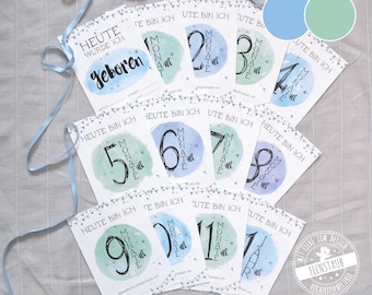 Baby milestone cards for the first year, 12 cards 12 months, milestone cards, boy milestone cards in German, blue/green