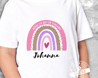 Strijkapplicatie voor de eerste schooldag, eindelijk een schoolkind, regenboog, gepersonaliseerde strijkfolie met naam voor meisjes en jongens, roze of blauw