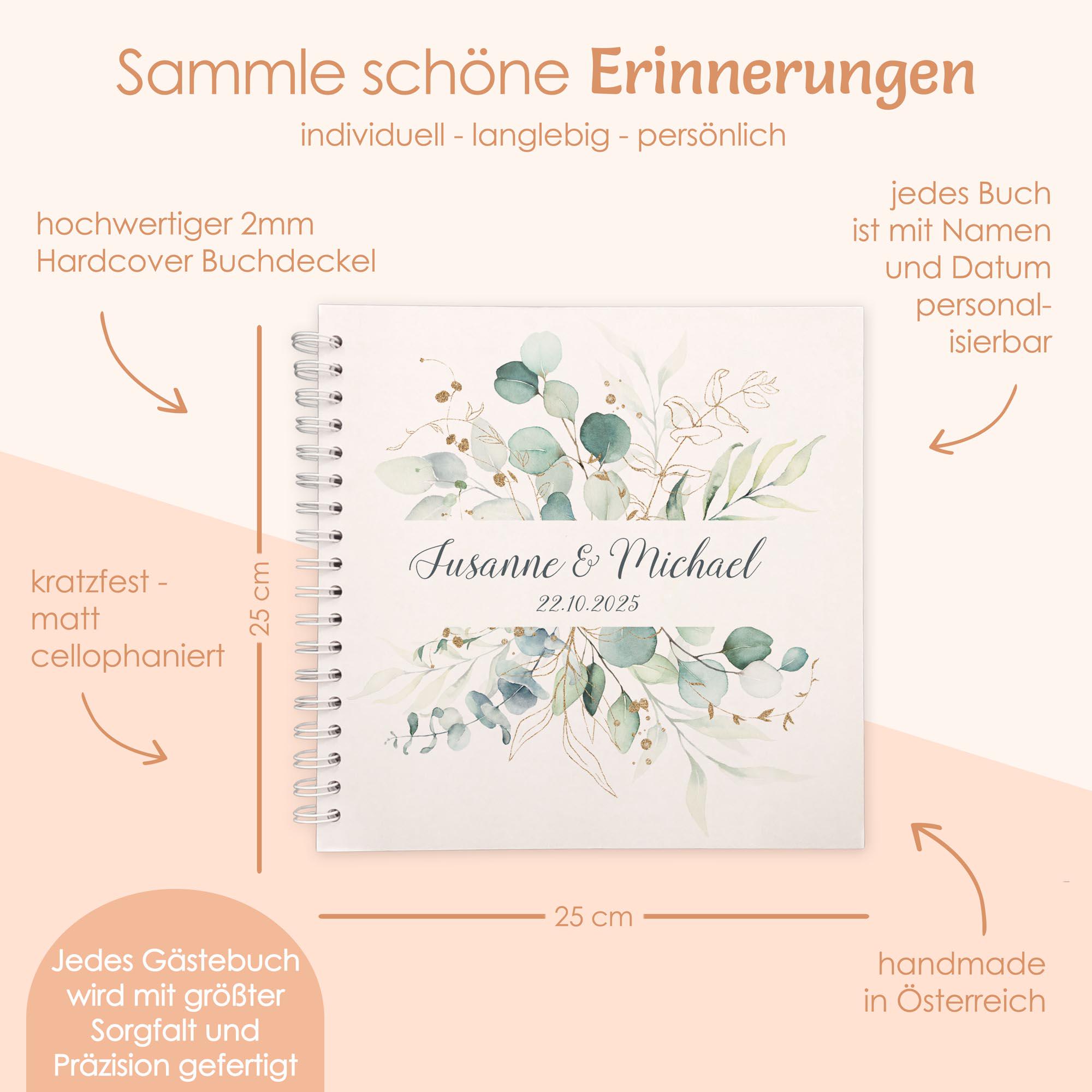 Libro Degli Ospiti Matrimonio Completo Con Set Adesivi E Penna - Album Ricordo Fai Da Te 21x21 Cm - Tema Eucalipto Bianco Con Cartello E Angoli Per Foto