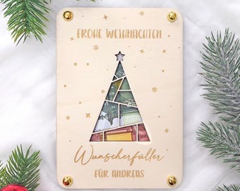 Wunscherfüller Geldgeschenk Weihnachten | personalisiertes Geldkuvert für Weihnachten aus Holz, Geldverpackung | Weihnachtskarte Christbaum