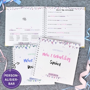 Gästebuch Taufe Geburtstag mit vorgedruckten Fragen zum Ausfüllen, Erinnerungsalbum, Wimpel rosa blau personalisierbar mit Namen und Datum