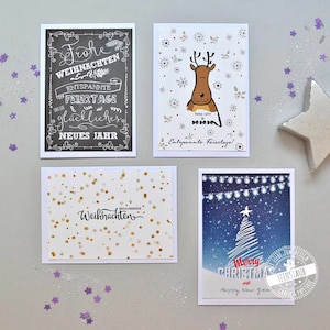 Weihnachtskarten Grußkarten für Weihnachten im 4er Set süße Postkarten auf deutsch, mit Rentier und Weihnachtsbaum Christbaum