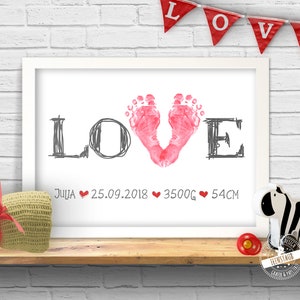 Regalo nascita, foto impronta bambino con date di nascita, stampa nascita AMORE, stampa impronta neonato, tema nascita personalizzato