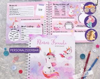 Freundebuch Grundschule, Freundschaftsbuch, Schulfreundebuch personalisiert mit Namen, Erinnerungsalbum, Freundealbum rosa Einhorn