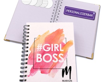 Notizbuch personalisiert A5 mit Name und Spruch, Geschenk #girlboss Freundin Notizen, kariert, glatt, blanko, gepunktet, To-Do Liste wählbar