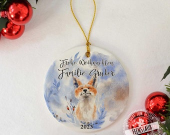 Christbaumkugel personalisiert mit Namen für erstes Weihnachten mit Baby, Keramik-Anhänger, Weihnachtsdeko, Fuchs, Winter, Weihnachtskugel