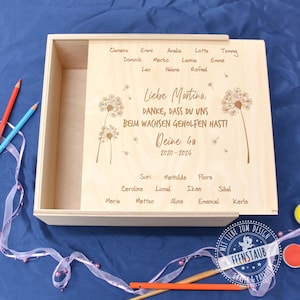 Holzkiste graviert, Holzbox mit Schiebedeckel, Geschenkbox mit Gravur für Lehrer, Geschenk Lehrerin, Erzieherin Abschiedsgeschenk Pusteblume