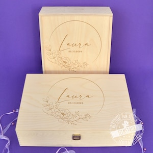 Scatola in legno per neonati, scatola dei ricordi incisa con nome e data di nascita, scatola regalo in legno personalizzata, regalo per la nascita, fiori