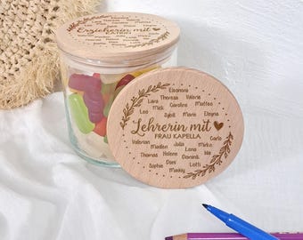 Glas mit Holzdeckel für Lehrer | personalisiertes Glas mit Namen der Schüler | Vorratsglas Geschenk für Lehrerin zum Abschied