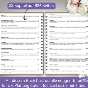 Puede incluir: Un planificador rosa y morado con el texto "22 Kapitel auf 326 Seiten" en la portada. El planificador est&aacute; abierto en una p&aacute;gina con una lista de temas de planificaci&oacute;n de bodas, que incluyen "Ubicaci&oacute;n", "Catering", "Fot&oacute;grafo", "Vide&oacute;grafo", "M&uacute;sica", "Papeler&iacute;a", "Pastel", "Flores y decoraci&oacute;n", "Atuendo", "Peinado y maquillaje", y "Despu&eacute;s de la boda".