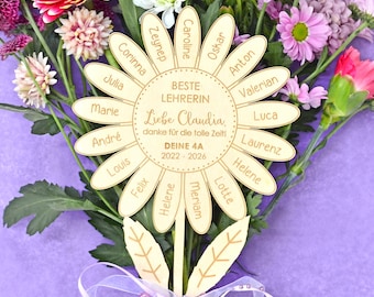 Blumenstecker beste Lehrerin, bester Lehrer | Holzblume personalisierbar mit Namen der Schulkinder | Abschied Grundschule, Kindergarten