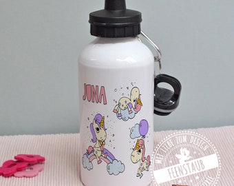 Trinkflasche mit Namen personalisiert, Einhorn und Regenbogen rosa und lila, Sportflasche aus Metall, Geschenk zum Schulanfang Einschulung