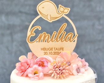 Cake Topper Taufe, Tortendeko aus Holz, Kuchenstecker mit Namen, personalisierte Deko für Torten Kuchen Tauffeier, Tauftorte Topper