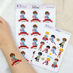Tatuaggi per bambini supereroi | tatuaggi temporanei personalizzabili per compleanni dei bambini, feste a tema | tatuaggio adesivo | tatuaggi comici