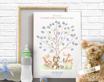 Albero per battesimo con animali, quadro per impronte digitali per battesimo, tela per impronte digitali, quadro per battesimo per festa di benvenuto, regalo del padrino