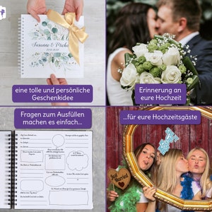 Gästebuch für die Hochzeit, mit vorgedruckten Fragen zum Ausfüllen, personalisierbar, Hochzeitsgästebuch Eukalyptus Hardcover Buchdeckel Bild 4