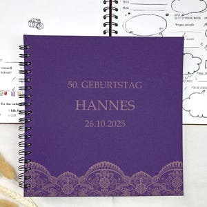 Verjaardagsgastenboek met vragen om in te vullen | gepersonaliseerde linnen hoes gegraveerd met naam, gelegenheid en datum | Gastenalbum spiraalbinding