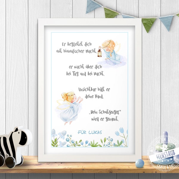 Schutzengel zur Taufe oder Geburt, Geschenk von Taufpate Taufpatin, Taufgeschenk, Print Engel Bild Spruch, Kinderzimmer, personalisierbar