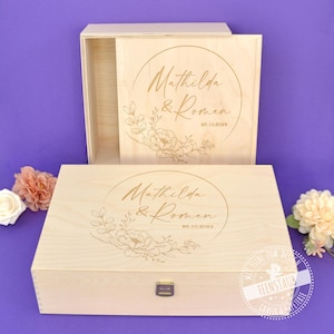 Holzkiste Hochzeit graviert, personalisierte Holzbox mit Deckel, Geschenkbox mit Gravur, Verpackung Hochzeitsgeschenk, Hochzeitsbox