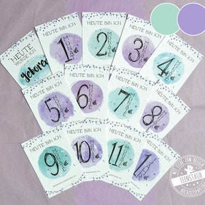 Carte pietra miliare per bambini per il primo anno, 13 carte 12 mesi, carte pietra miliare, ragazza e ragazzo, carte pietra miliare in tedesco, viola e menta
