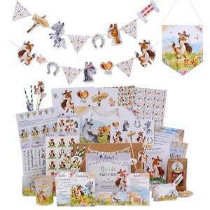 Kindergeburtstag Pferde große Motto-Box | Deko-Set für Pferde Mottoparty | Geburtstag Set mit Einladungen | Deko Kinderparty Reiterhof