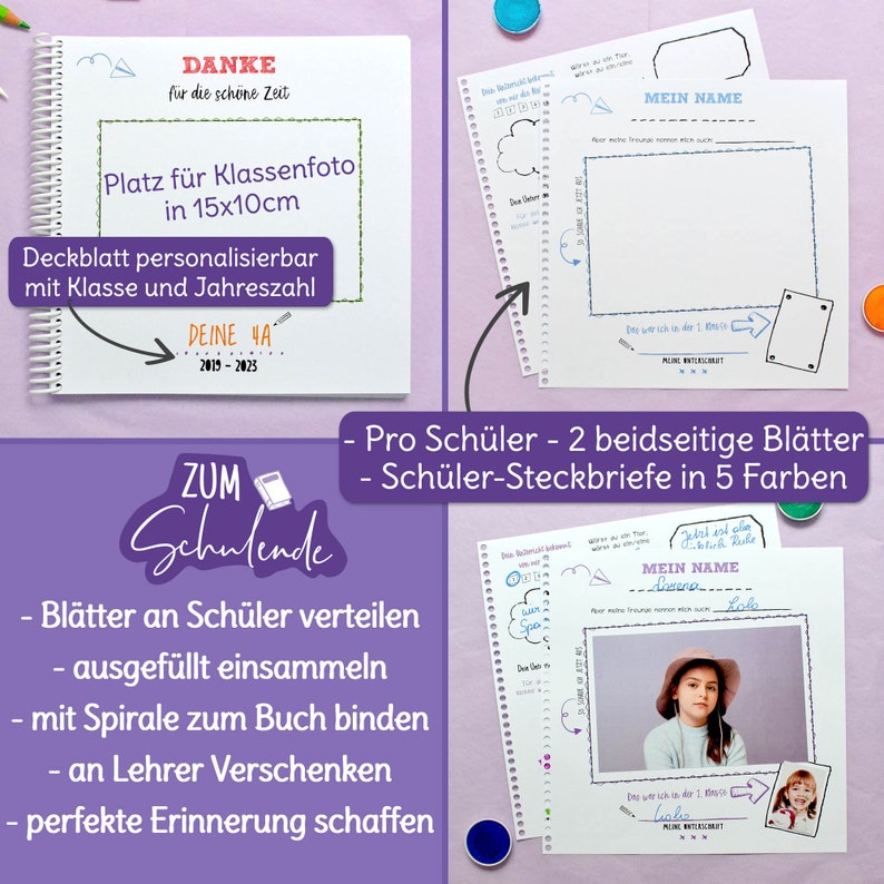 Abschiedsgeschenk Lehrerin Grundschule, selbst gestaltetes Erinnerungsbuch mit Steckbriefen der Schüler, Erinnerungsbuch für Lehrer Erzieher Bild 2