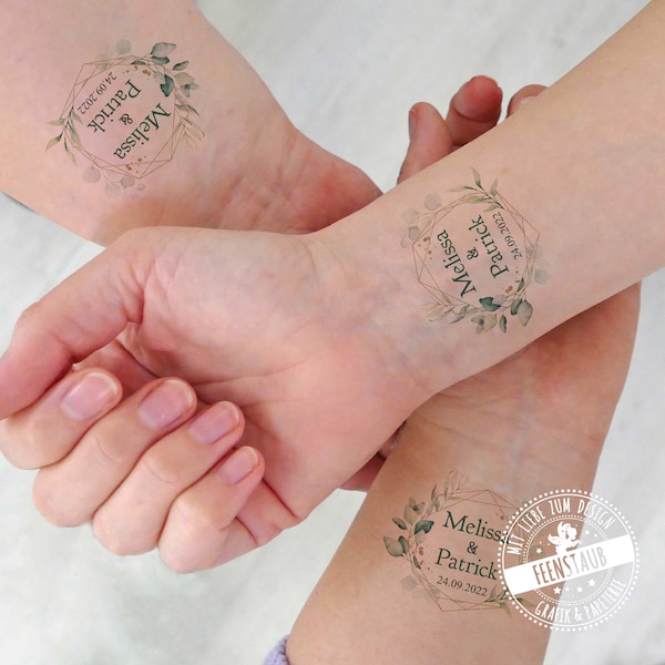 Tattoo für Hochzeit, personalisiert mit Brautpaar Namen und Hochzeitsdatum, temporäres Klebetattoo für alle Hochzeitsgäste, Eukalyptus