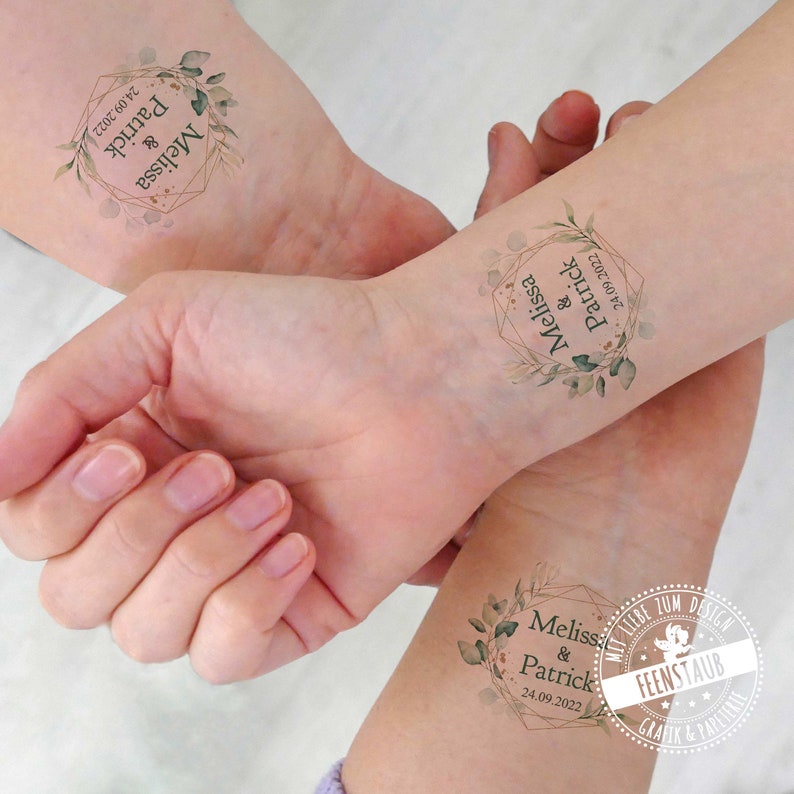 Wedding tattoo, personalized with bride and groom's names and wedding date, temporary adhesive tattoo for all wedding guests, eucalyptus image 1