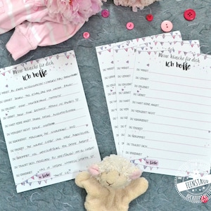 Taufe Gästebuch Karten zum Ausfüllen, Taufgästebuch gute Wünsche für das Baby, Ich hoffe du wirst, Zukunftswünsche, Gästebuchidee rosa