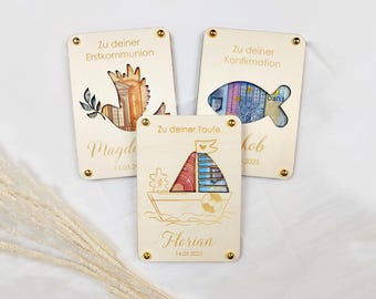 Geldgeschenk Taufe Wunscherfüller personalisiert | Geldkuvert Taufgeschenk | Geldverpackung Taufe | gravierte Karte aus Pappelholz
