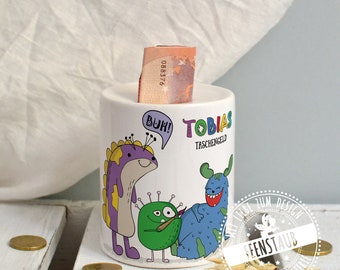 Spardose mit Namen personalisiert, bunte Monster, Sparbüchse aus Keramik, Geburtstagsgeschenk Geldverpackung Geldgeschenk Einschulung