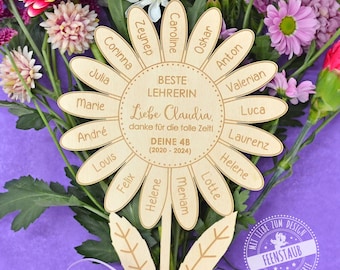 Blumenstecker aus Holz, Holzblume personalisierbar mit Namen der Schulkinder, Geschenk Lehrerin, Erzieherin, Lehrergeschenk zum Schulschluss