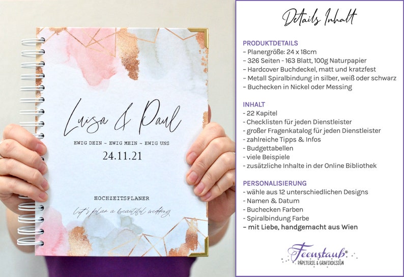 Puede incluir: Un planificador de bodas de acuarela rosa y dorado con el texto "Luiza & Paul" y "Ewig Dein - Ewig Mein - Ewig Uns" y la fecha "24.11.21". El planificador mide 61 cm por 46 cm y tiene 326 p&aacute;ginas.