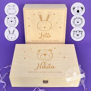 Scatola in legno per neonati, scatola dei ricordi incisa con nome e data di nascita, scatola regalo in legno personalizzata, regalo per la nascita, animali