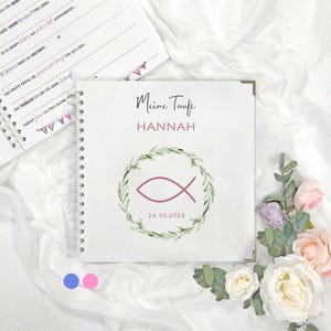 Gästebuch Taufe mit vorgedruckten Fragen zum Ausfüllen | Erinnerungsalbum Taufe Fisch personalisiert mit Namen und Datum | Ringbindung