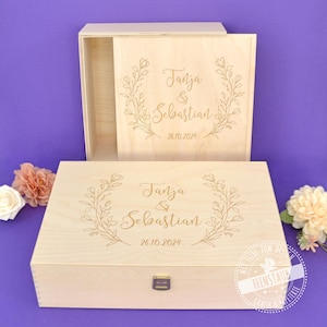 Holzkiste Hochzeit graviert, personalisierte Holzbox mit Deckel, Geschenkbox mit Gravur, Verpackung Hochzeitsgeschenk, Hochzeitsbox