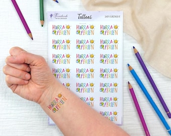Temporäre Tattoos Schulschluss, Ferienbeginn | Sommerferien Geschenk für Kinder | bunte Abziehtattoos | Mitgebsel & Zeugnisgeschenk
