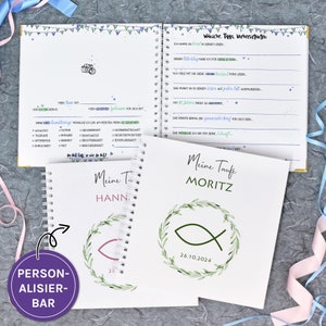 Gästebuch Taufe Geburtstag mit vorgedruckten Fragen zum Ausfüllen, Erinnerungsalbum, Fisch personalisiert mit Namen und Datum, Spiralbindung