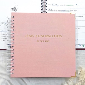 Gästebuch für Erstkommunion mit vorgedruckten Fragen | personalisierbares Erinnerungsalbum Konfirmation, Firmung | Leinencover mit Prägung