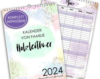 Wall calendar 2024, personalized family calendar, family planner, calendar for couples, shared families, number of columns selectable