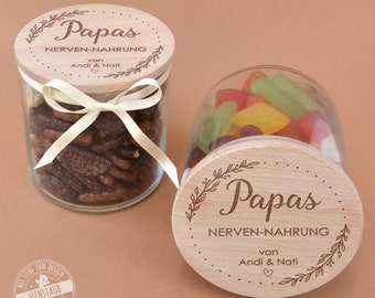 Vorratsglas mit Holzdeckel, Aufbewahrungsglas mit graviertem Deckel, personalisierbar, Geschenk für Papa, Keksglas mit Spruch, Vatertag