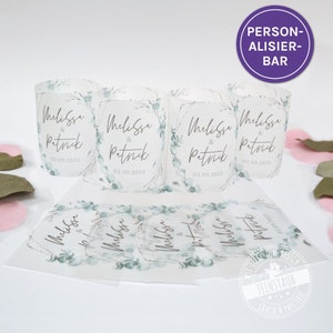 Könnte beinhalten: Ein Set mit sechs transparenten, halbtransparenten, personalisierten Hochzeitsgeschenketiquettes mit einem Aquarell-Blumenmuster. Die Etiketten tragen die Namen "Melissa & Patrick" und das Datum "02.09.2023".