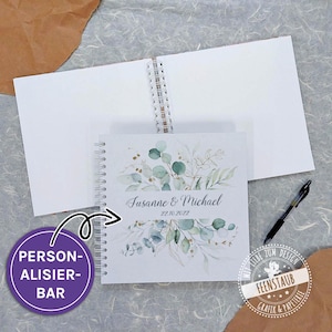 Gepersonaliseerd gastenboek voor een bruiloft, blanco, album om gastenboekkaarten en foto's in te plakken, hardcover gastenboek voor een bruiloft met eucalyptusmotief