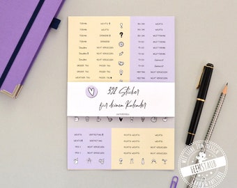 4 sticker sheets for your calendar and planner, 392 stickers in grey, purple and yellow, stickers with the most important dates and keywords