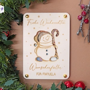 Regalo in denaro per realizzare desideri di Natale, busta di denaro per Natale, confezione di denaro, regalo di Natale, cartolina di Natale in legno, pupazzo di neve